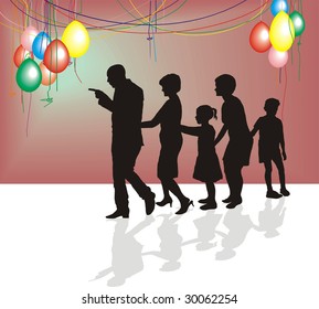 family celebrations, colorful decorations, balloons, dance party