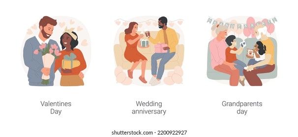 Family celebrations isolated cartoon vector illustration set. Valentines Day, wedding anniversary, grandparents day, happy diverse couple, sharing gifts, love and happiness vector cartoon.