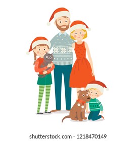 Family celebrations portrait. Happy family at Christmas. Cartoon vector hand drawn eps 10 illustration isolated on white background in a flat style