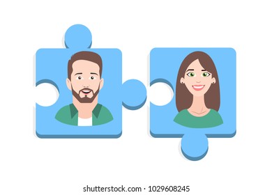 Family is the cell of the society. Eps vector illustration of blue puzzle pieces with happy man and woman on white background. 
