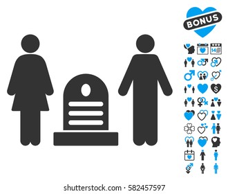 Family Cemetery icon with bonus love symbols. Vector illustration style is flat iconic blue and gray symbols on white background.
