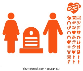 Family Cemetery pictograph with bonus love design elements. Vector illustration style is flat iconic orange symbols on white background.