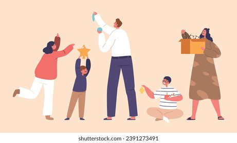 Family Character with Decorations for Christmas Tree, Happy Mother, Father and Children With Ornaments And Lights