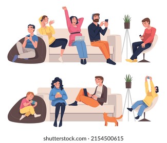 Family Character Mother, Father and Kid with Digital Device Suffering from Internet Addiction Vector Set