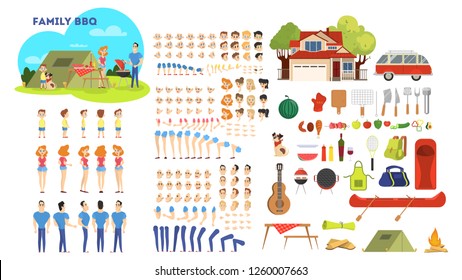 Family character on barbeque set for the animation with various views, hairstyle, emotion, pose and gesture. Mother, father and child. Isolated vector illustration in cartoon style