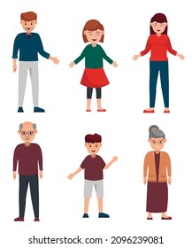 Family character in various ages and statuses such as woman, man, father, mother, child, grandchild, grandfather, grandmother, young,  old. Design element for graphic designer use in artwork, website