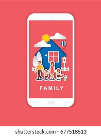 Family character vector design. For mobile app banner. Paper art style. 