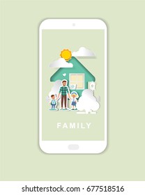 Family character vector design. For mobile app banner. Paper art style. 