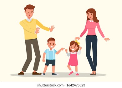 Family character vector design. Presentation in various action with emotions, angry and sad.