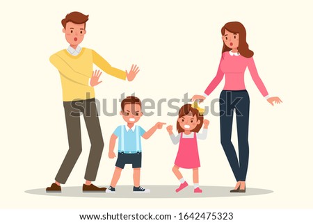 Family character vector design. Presentation in various action with emotions, angry and sad.