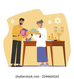 Family Characters Adult Man and senior Woman Exchange Gifts for Hanukkah Israeli Holiday Celebration. People Giving Presents at Home with Table, Festive Food and Menorah. Cartoon Vector Illustration