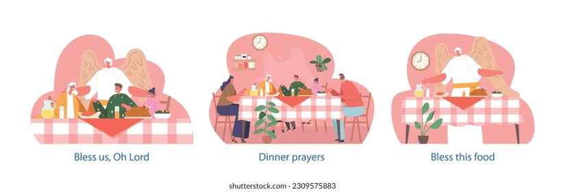 Family Characters Adults And Kids Gathered Around Table, Praying With An Angel's Presence, As They Share A Meal