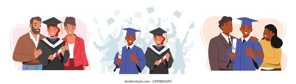 Family Characters Celebrate Graduation of Daughter or Son. Young Girl and Boy Surrounded By Loved Ones Who Share In Their Joy Isolated On White Background. Cartoon People Vector Illustration