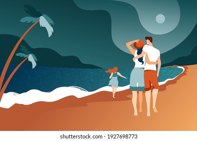 Family characters with a child stroll along the evening beach. A man and a woman walk in an embrace, a little girl runs along the wet sand. Modern flat design, relaxation by the sea.