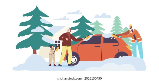 Family Characters Cleaning Snow at House Yard. Dad and Grandfather with Child Brushing Auto Parked near of Cottage, People Clean Car from Ice and Snow at Winter Blizzard. Cartoon Vector Illustration