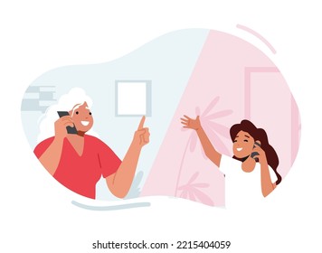 Family Characters Communicate by Mobile Phone. Granny and Little Granddaughter Speaking by Smartphones. Kid and Old Woman Calling and Chatting by Cellphone. Cartoon People Vector Illustration