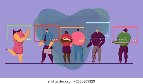 Family characters communicating through computer windows. Grandfather, couple with baby, office worker, having online video call during pandemic flat vector illustration. Remote meeting concept