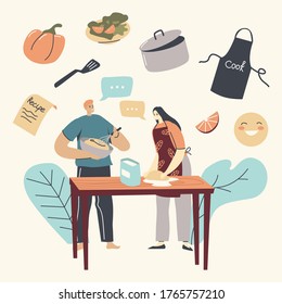 Family Characters Cooking Together Making Bakery, Woman Kneading Dough, Man Mixing Eggs. Happy Young Couple Household Duties, Wife and Husband Cook Food on Kitchen. Linear People Vector Illustration