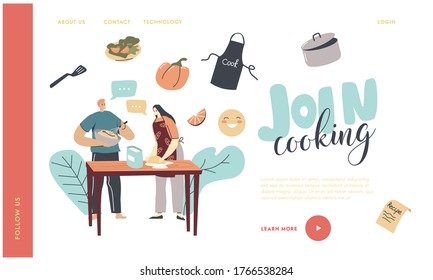 Family Characters Cooking Together Making Bakery Landing Page Template. Woman Kneading Dough, Man Mixing Eggs. Happy Young Couple Household, Cook Food on Kitchen. Linear People Vector Illustration