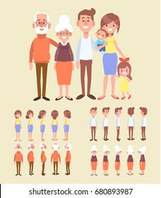 Family Characters Creation Set - Grandfather, Grandmother, Mom, Dad, Kids. Front, Side, Back View Animated Character. Cartoon Style, Flat Vector Illustration.
