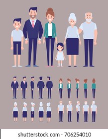 Family characters creation set -  mom, dad, kids, grandfather, grandmother. Front, side, back view animated characters. Flat vector illustration. 