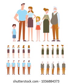 Family characters creation set - mother, father, kids, grandfather, grandmother. Front, side, back view animated characters. Flat vector illustration. 