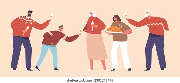 Family Characters With Delicious Christmas Meals And Champagne Glasses, Sharing Laughter And Love, Vector Illustration