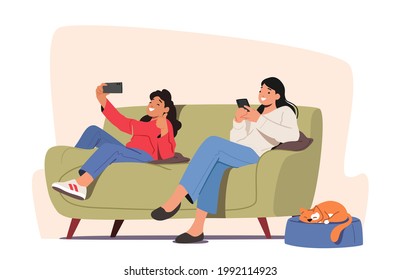 Family Characters with Digital Electronic Devices. Girl and Mother Chatting Online Using Smartphones. Mom Ignore Daughter for Social Media Internet Surfing. Cartoon People Vector Illustration