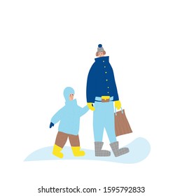 Family characters dressed in warm trendy clothes walking at winter snow. Parent and kid going with shopping bag isolated on white background. Vector color flat cartoon illustration.