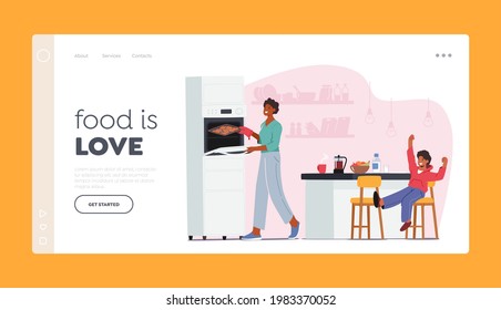 Family Characters During Lunch Time Landing Page Template. Happy Mother and Little Kid at Kitchen Spend Time Together, Son Sitting at Table with Food. Mom Cooking Bakery. Cartoon Vector Illustration