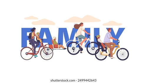 Family Characters Enjoying A Bicycle Ride Together, Highlighting A Joyful Outdoor Activity With Kids, Vector Concept