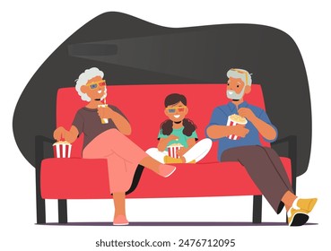 Family Characters Enjoying Movie At The Cinema. Child And Grandparents Wearing 3d Glasses And Sharing Popcorn While Sitting On A Red Sofa. Vector Illustration Captures A Cozy And Enjoyable Family Time