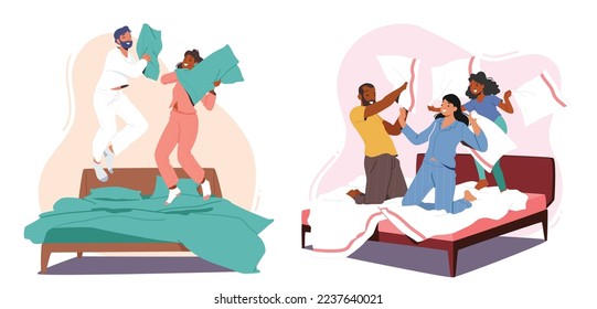 Los personajes de la familia luchan contra las almohadas. Pareja joven feliz, padres con niños saltando en la cama en el dormitorio y golpeándose entre ellos con almohadas. Diversión, Engaño, Alegría. Ilustración del vector de dibujos animados