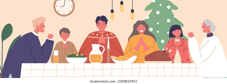 Family Characters Gathered Around Festive Table, Share Christmas Prayer, Hearts United In Gratitude, Vector Illustration