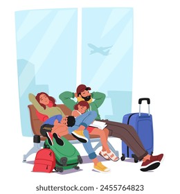 Family Characters Gathered On A Bench At The Airport, With Their Luggage Scattered Around Them. Parents and Little Kids Sleeping before their Travel Adventures. Cartoon People Vector Illustration