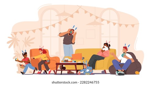 Family Characters Gathers Together At Home To Celebrate Easter. They Enjoying Each Other's Company, Playing with Eggs, And Indulging In Traditional Food And Sweets. Cartoon People Vector Illustration