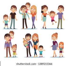 Family characters. Happy traditional families people relationship mother father kids grandma grandpa pet colorful cartoon vector smilling couple set