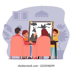 Family Characters Having Fun with Home Shadow Theater. Children Showing Fairy Tale to Parents on Screen with Silhouettes under Flashlight Beam. Storytelling Concept. Cartoon People Vector Illustration