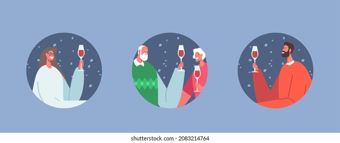Family Characters Holding Wineglasses in Hands Isolated on Blue Background. People Celebrate Holidays, Drink Alcohol at Home or Bar, Clinking Glasses at Christmas Night. Cartoon Vector Illustration