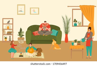 Family characters at home with kids spending time together, mother, father, daughter and son playing at home living room flat vector illustration. Parents and children family happy at home.