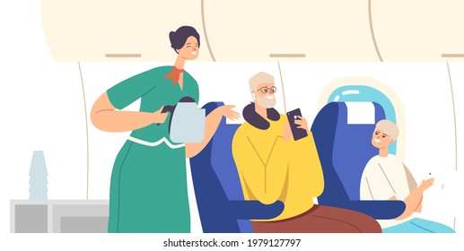 Family Characters Inside of Plane. Stewardess and Passengers during Mealtime in Economy Class. Woman Air Hostess with Teapot Offer Drink to Man and Boy, Jet Trip. Cartoon People Vector Illustration