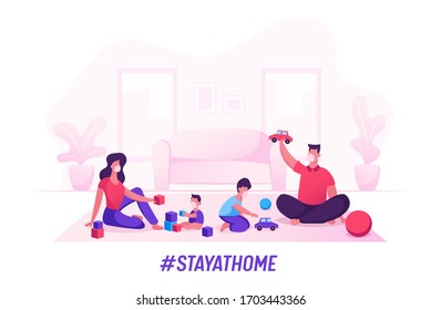 Family Characters with Kids in Masks Spend Time at Quarantine. Father and Mother Playing with Children Sitting on Floor. Mom Dad and Little Sons Stay Home Isolation. Cartoon Vector People Illustration