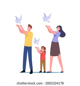 Family Characters Let Go White Doves in Air. International Day of Peace, Hope, Worldwide Antiwar Campaign, Humanity Concept. Mother, Father, Daughter with Pigeons. Cartoon People Vector Illustration