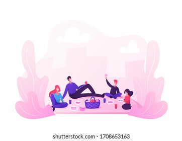 Family Characters in Medical Masks Spend Time on Autumn Picnic Outdoors during Covid19 Pandemic Quarantine Violate Self Isolation. People Relaxing Together City in Park. Cartoon Vector Illustration