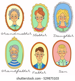Family characters men and women kids children mother father son daughter husband wife mother father doodles portraits vector set