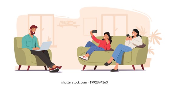 Family Characters Mother, Father and Daughter with Digital Devices Suffering of Internet Addiction Concept. Parents and Child Sitting Together at Home Using Gadgets. Cartoon People Vector Illustration