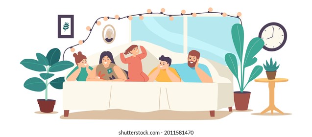 Family Characters Mother, Father and Kids Lying Under Blanket on Bed in Cozy Room Decorated with Lighting Garland. Happy Sparetime, Sweet Life Moments, Relations. Cartoon People Vector Illustration