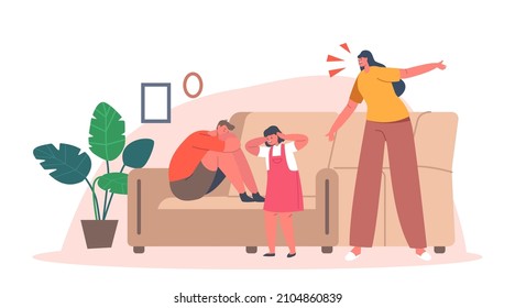 Family Characters Mother, Son and Daughter in Conflict Situation, Angry Woman Blaming and Scolding Kids, Mom Upset with Bad Discipline and Behavior of Children. Cartoon People Vector Illustration