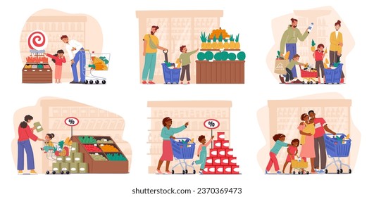 Los Personajes Familiares Navegan Por Los Aisles En El Supermercado, Los Niños Ansiosos De Los Tratamientos, Las Listas De Padres Maltratantes Y Los Productos De Compra Mientras Compran En Conjunto Para Las Necesidades Diarias. Ilustración de vectores de personas de caricatura