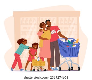 Family Characters Navigate Bustling Aisles, Children Clutching Groceries And Parents with Baby on Hands and Shopping Cart, Creating A Lively Scene In Supermarket. Cartoon People Vector Illustration